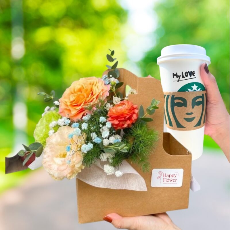 Bouquet de fleurs surprise avec boisson Starbucks - Livraison Rabat